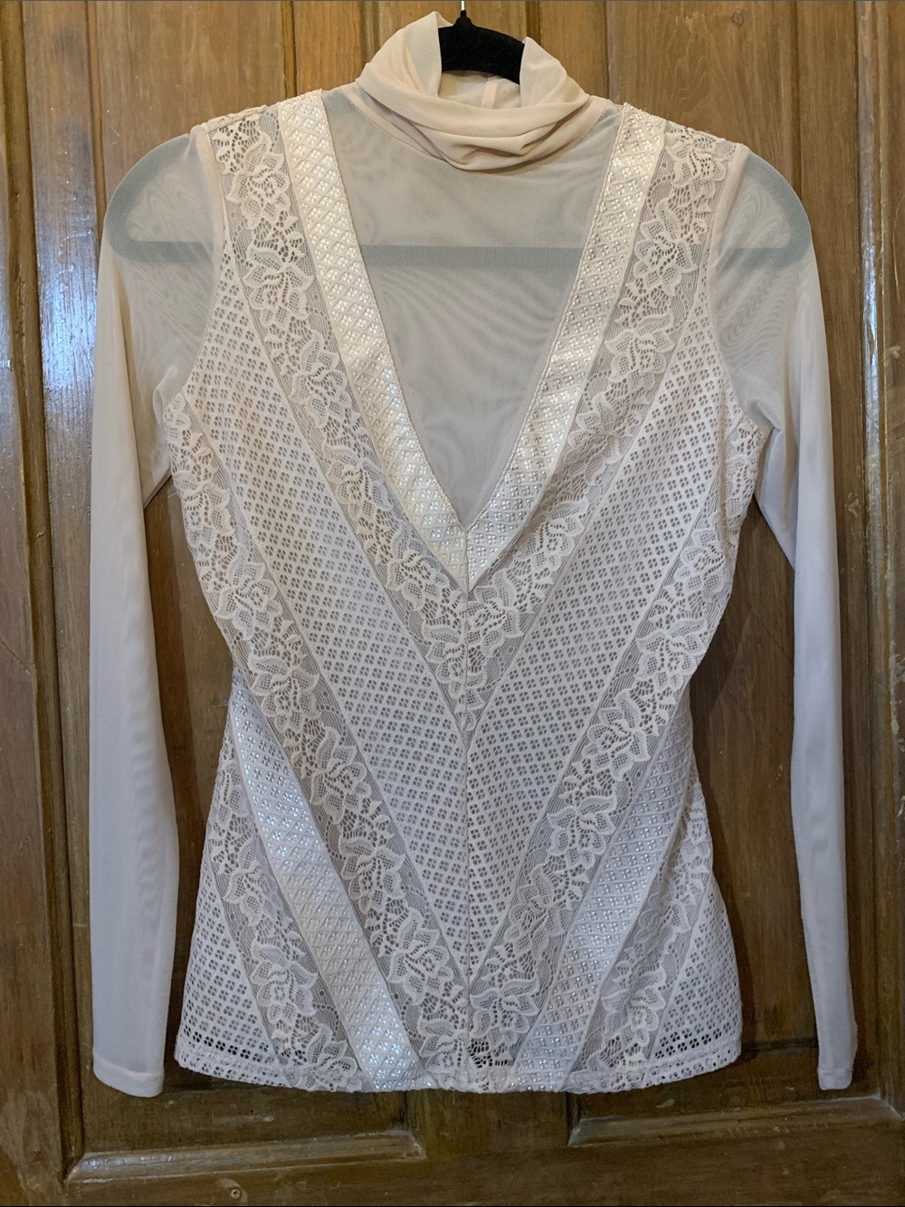 Guess Blush Pink Mesh and Lace Turtleneck Top